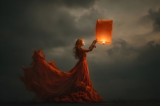 Woman holding glowing lantern in flowing red dress under stormy sky at dusk