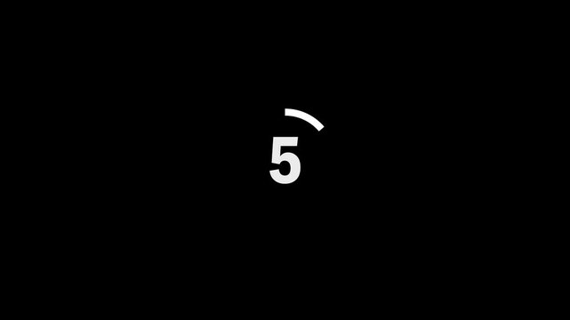 Futuristic white digital countdown timer display showcasing the number five accompanied by a rotating circular arc segment on a solid black background. This technical vector element creates a dynamic 