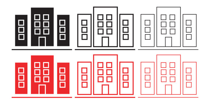 Minimalist building icon set, modern office skyscraper vector illustrations, corporate real estate symbols in black and red line art styles