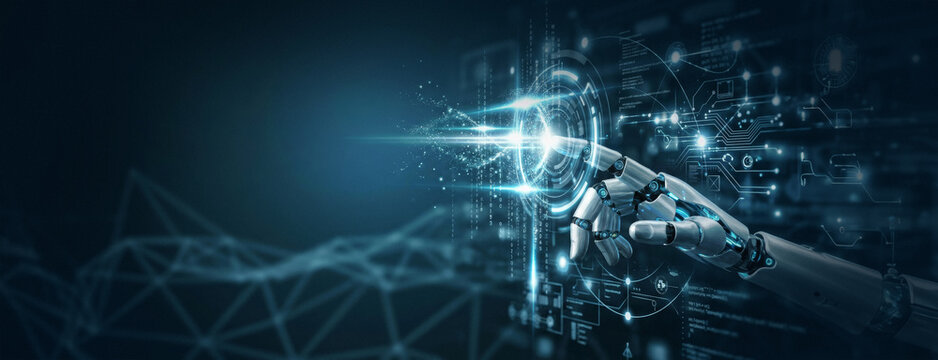 AI robot hand illustration interacting with glowing futuristic digital interface