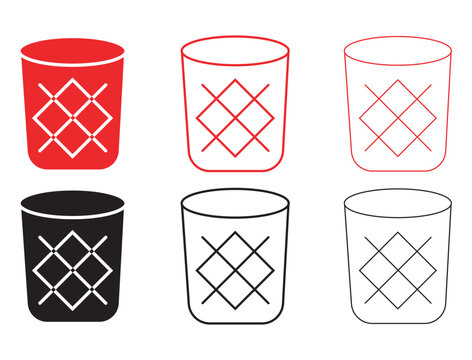 Minimalist whiskey glass icons set, 6 vector crystal tumbler illustrations, red and black barware glassware symbols for menu design and bar branding