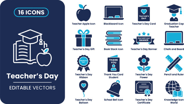 Vector collection of education and Teacher's Day icons with blue and dark blue design