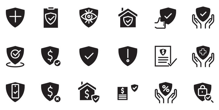 Security and insurance icons set, 18 black shield vector symbols for data protection, financial safety and home guarantee concepts