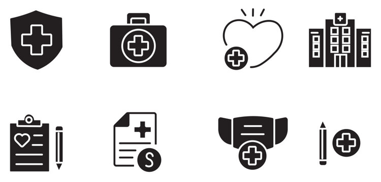 Medical icon set with 8 black solid vector elements, healthcare and insurance symbols, hospital and first aid kit graphics for web design