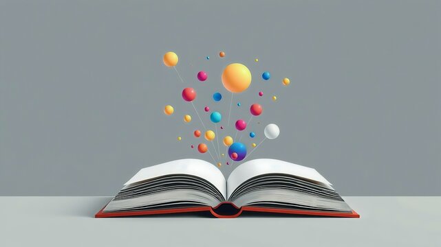 Open Book with Colorful Explosive Magic Elements and Spheres Concept Art
