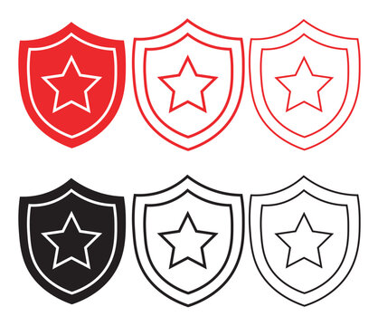 Shield with star icons, 6 security protection badges in red and black colors, flat vector crest symbols for safety and defense branding
