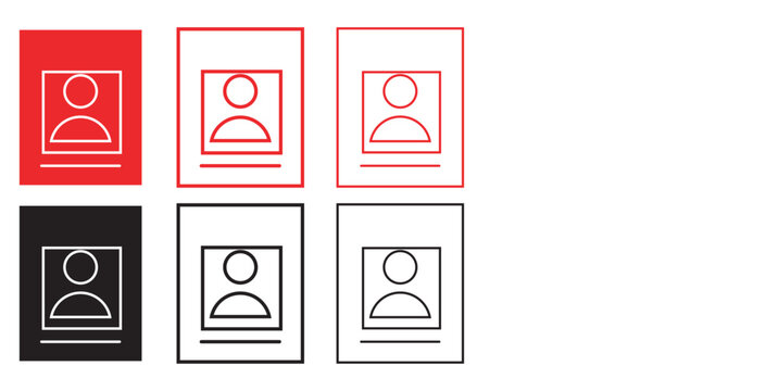 Minimalist identity card icon set, red and black profile document vector, professional user identification badges for web interface design