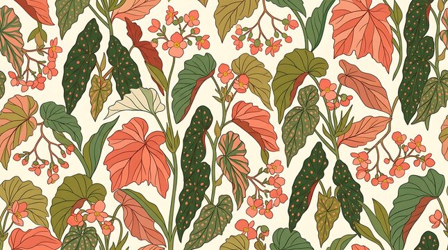 Seamless botanical pattern featuring begonia leaves and pink flowers
