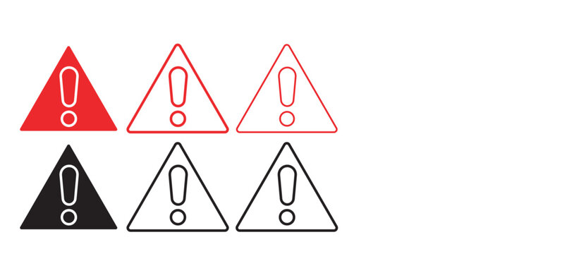 Warning exclamation mark icon set, red and black triangle alert symbols, 6 hazard notification signs in flat and outline vector style