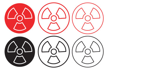 Radiation warning symbol set, radioactive hazard icons in red and black, nuclear energy safety signs, 6 vector elements for industrial caution © J.G Studio