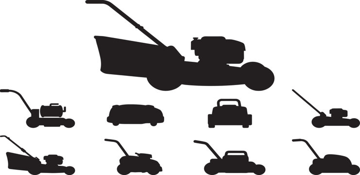 Collection of different lawn mower silhouettes with lawnmower silhouette gardening equipment landscaping maintenance agricultural domestic management landscaper trimming isolated machinery