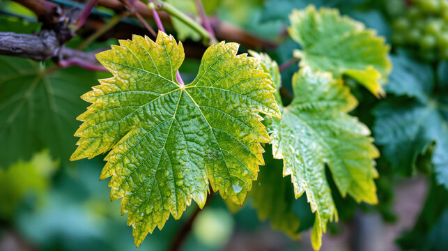 Green grapevine leaves with intricate veins and textures, showcasing vibrant colors and healthy growth in a vineyard setting under natural sunlight