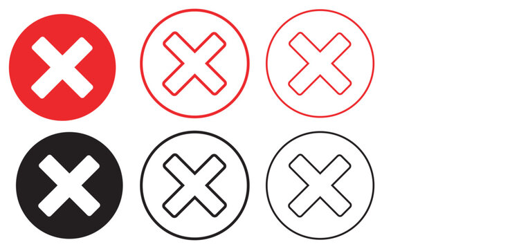 Red and black cross mark icons, set of 6 circular x symbols in solid and outline styles, flat vector rejection and error signs for UI design