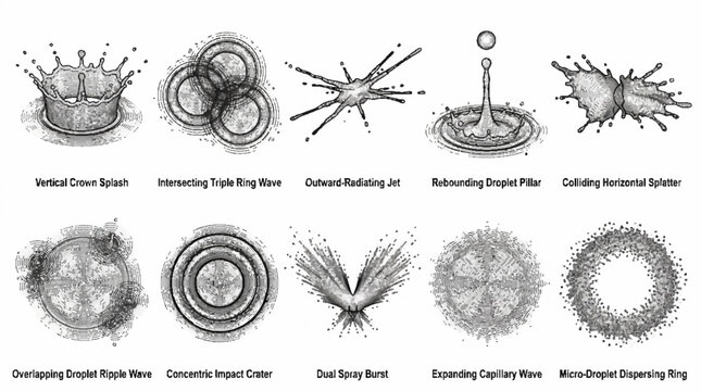 A collection of ten detailed hand drawn illustrations depicting various water splash and fluid dynamic phenomena.