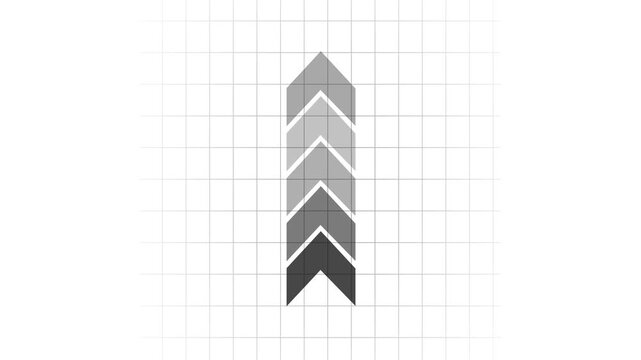 "Clean, minimalist chevron arrow vector progression sequence, showcasing a vertical series of gray arrows that elegantly advance from a dark shade to a light shade against a subtle white grid backgro.