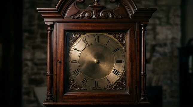 Antique grandfather clock with roman numerals showing time in a room