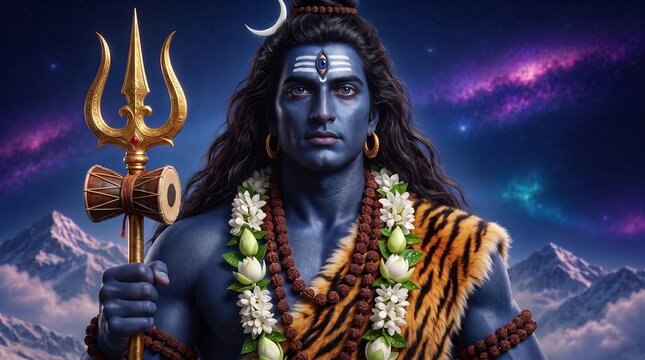 Lord Shiva Holding a Trident with Third Eye and Rudraksha Garlands, Front-Facing Digital Illustration Against a Moonlit Himalayan Night Sky