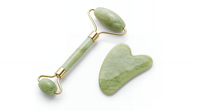 Jade style facial roller and gua sha tool isolated on white