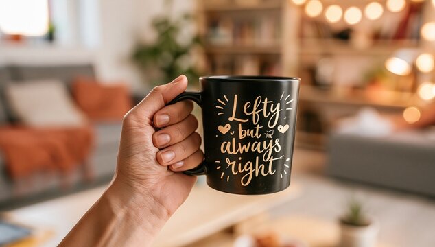 Left Hand Holding Black Mug with "Lefty But Always Right" Quote Design in Cozy Room