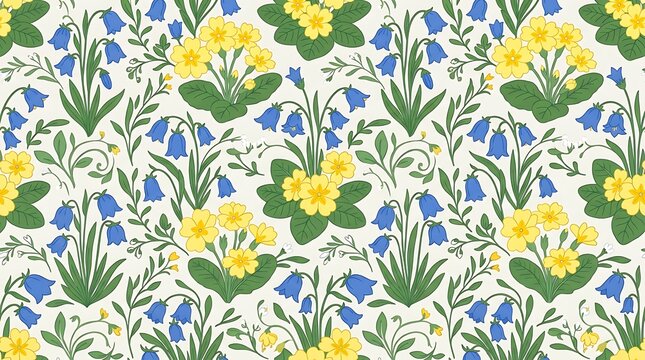 Seamless floral pattern with yellow primroses and blue bellflowers