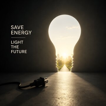 Conceptual 3D illustration of a wall with a lightbulb-shaped opening revealing a sunlit green city, with an unplugged electric cord on the ground representing energy saving.