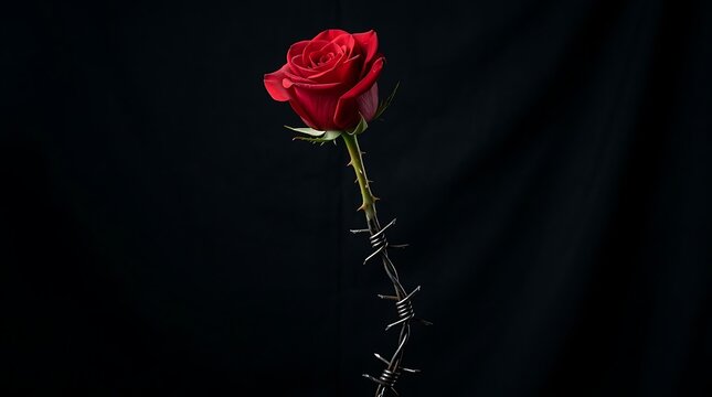Dramatic close-up photograph of a bright red rose with its stem wrapped tightly in sharp steel barbed wire against a dark black background, symbolizing love and pain.