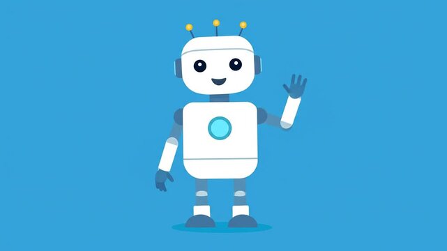 A friendly white robot waves its hand against a blue background