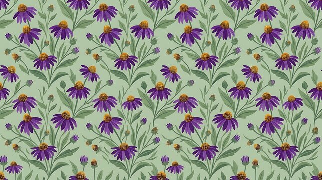 Seamless pattern of purple coneflower blossoms on green background