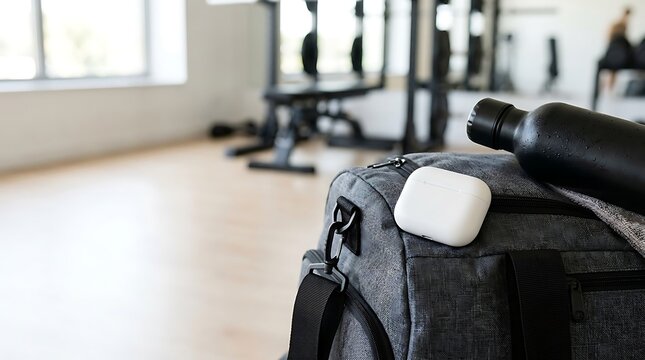 Gray gym bag with water bottle and earphone case in a fitness studio
