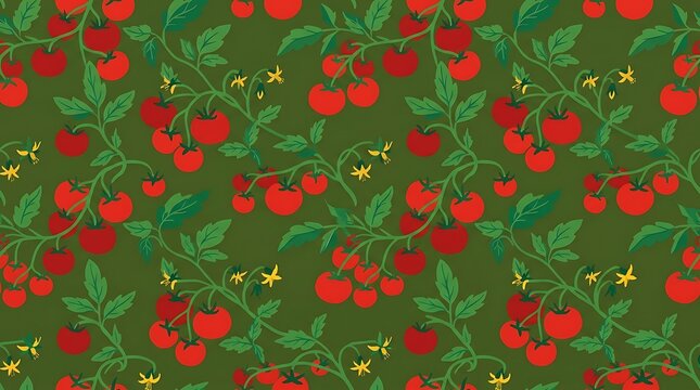 Seamless pattern of ripe red tomatoes on green vines