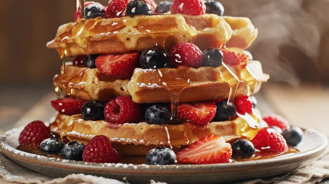 Close-up of three stacked Belgian waffles garnished with fresh raspberries, blueberries, strawberries, and powdered sugar, featuring golden maple syrup flowing down the sides.