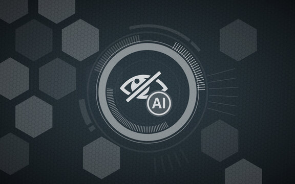 Digital interface showing an AI icon with an eye crossed out, symbolizing visual artificial intelligence privacy, surveillance concerns, and data security protection in modern tech software