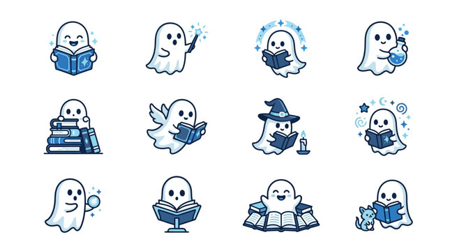 Cute bookworm ghost characters reading books.