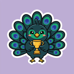 Fototapeta premium Cute Peacock Champion Sticker Holding Gold Trophy