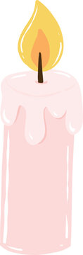 Cute pastel pink lighted candle with a warm glowing flame for cozy atmosphere and spa decor   hand drawn illustration vector asset