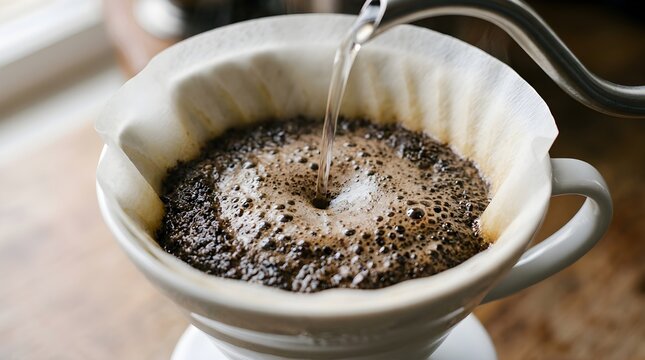 Close up of barista pouring hot water from a kettle into a filter for manual pour over coffee brewing