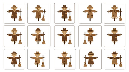 Grid of fifteen simple scarecrow icons in square boxes.