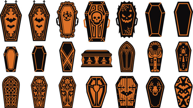 Collection of decorative wooden coffins and caskets for halloween party decorations and spooky gothic themed graphic design projects