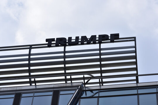 Trumpf company office with emblem, logo, signage on the facade. German machine industry company. WARSAW, POLAND - APRIL 25, 2026