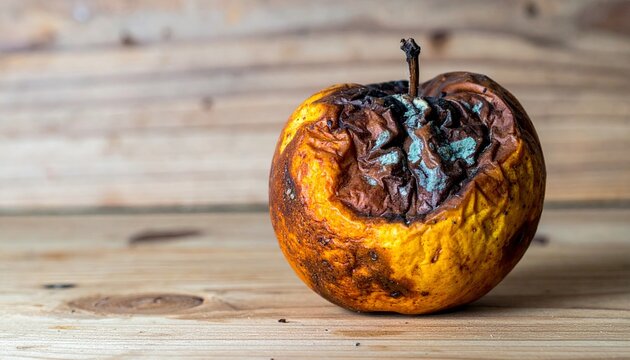 Overripe rotten apple on a wooden surface with copy space