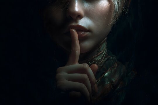Woman's Finger on Lips in Dark, Moody Lighting, Suggesting Silence and Secrecy