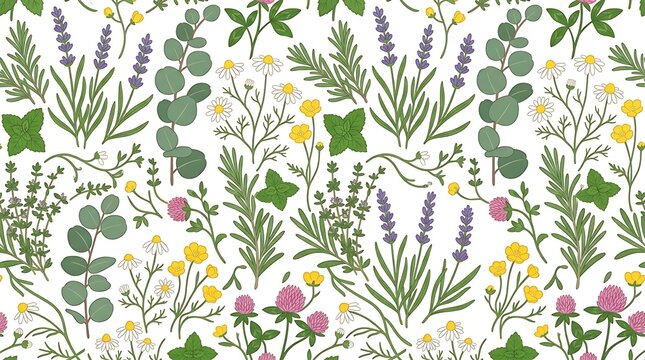 Seamless botanical pattern with lavender chamomile and herbal plants