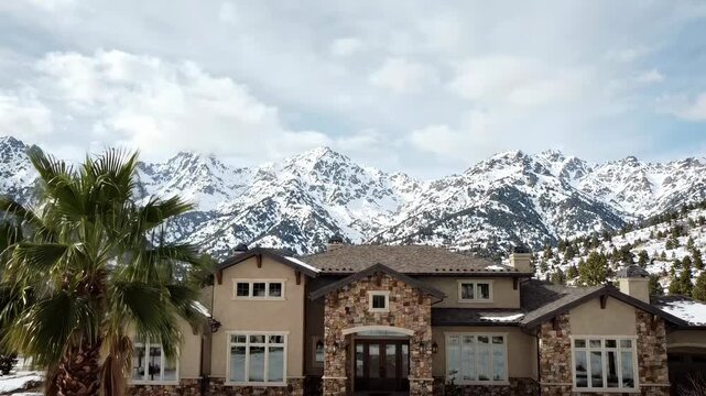 Luxury Mansion with Palm Tree and Snow Capped Mountains in Background.