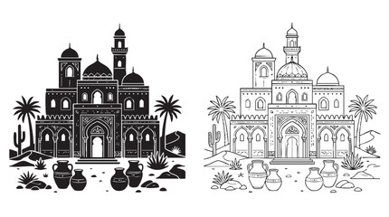 black silhouette with line art vector design of a desert temple © Shamsul