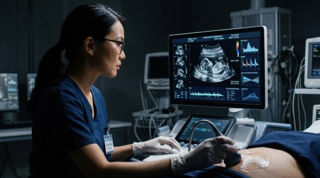 Medical Professional Conducts Ultrasound Examination Of Pregnant Patient In Clinic