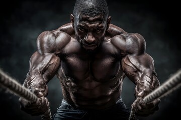 Obraz premium Muscular Man Pulling Rope in Intense Strength Training Workout