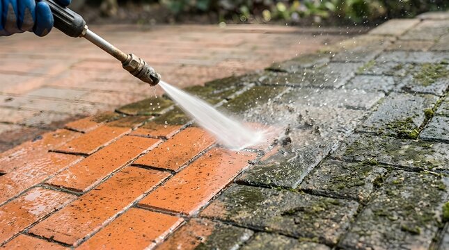 High pressure washing of dirty red bricks on a patio path, removing moss and grime outdoors