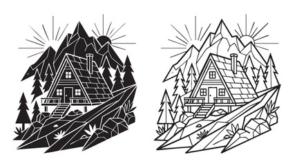 Obraz premium black silhouette with line art vector design of a-frame cabin in mountain landscape