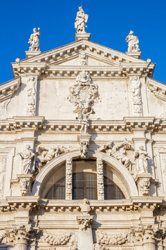 Ornate statues decorate the grand baroque facade of San Moise church in Venice, Italy
