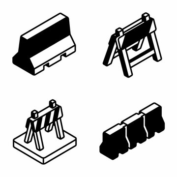 Isometric black and white traffic barricades collection